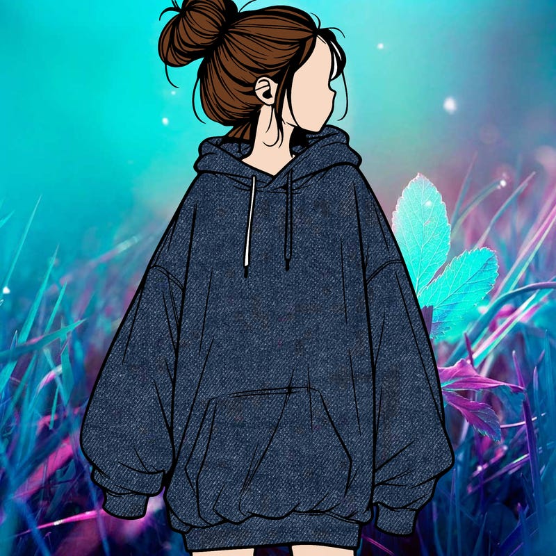 realistic girl with a oversized sweatshirt on and a bun