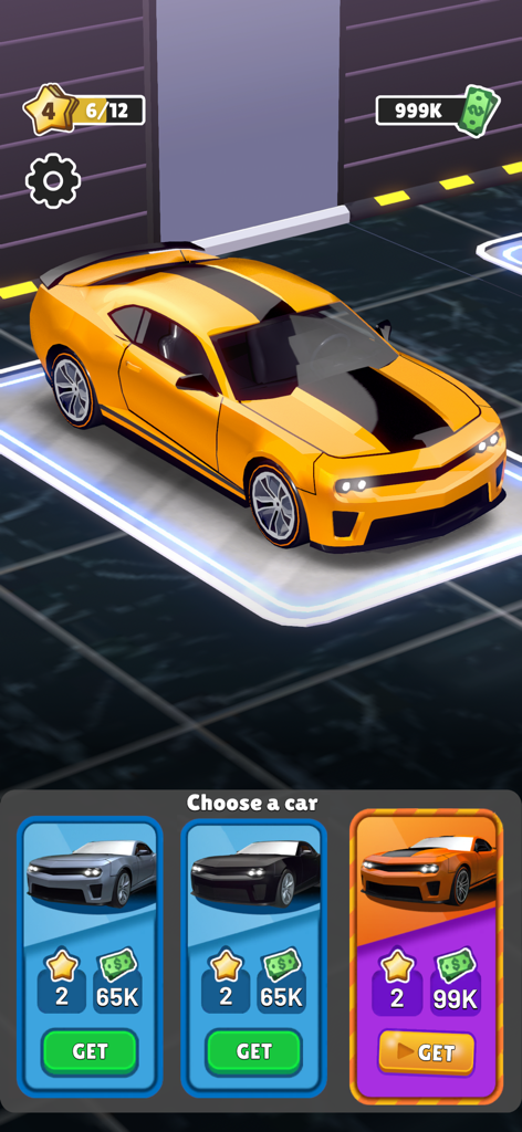 Car Dealer Idle 3D - Menu di selezione auto in Car Dealer Idle 3D che mostra un'auto sportiva arancione su una piattaforma espositiva