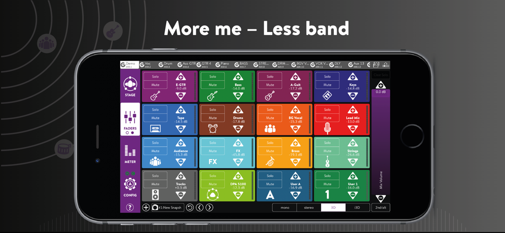 KLANG:app 5 - Interface do KLANG app 5 em um smartphone mostrando faders de áudio coloridos para monitoramento pessoal in-ear