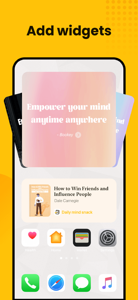 Bookey: Book Ideas for Growth - iPhone home screen showing Bookey app widgets with motivational quotes and a daily book summary of How to Win Friends and Influence People.