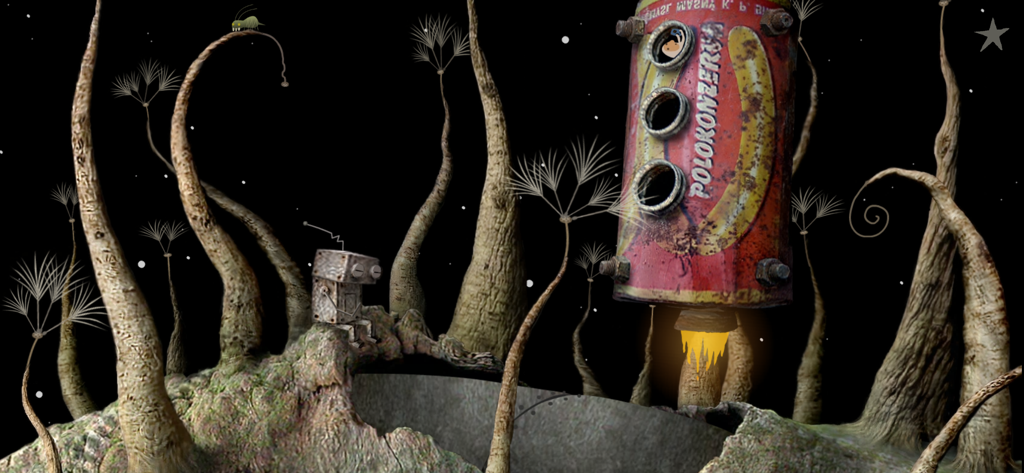 Samorost 2 - Piccolo robot seduto su un cumulo muschioso accanto a un razzo di latta in un mondo surreale