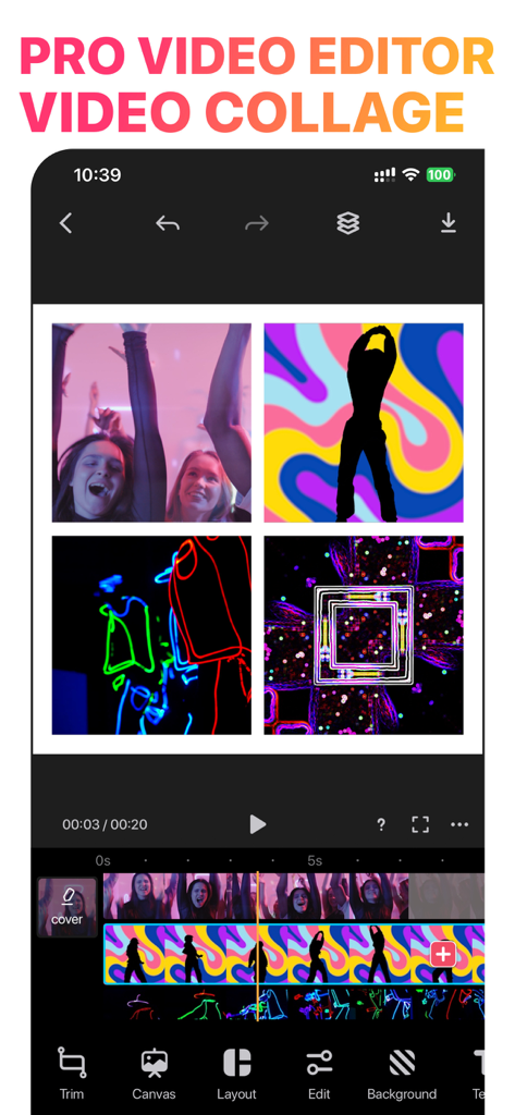 The interface of the LiveCollage app showing a four panel video collage being edited with a professional timeline and toolbar.
