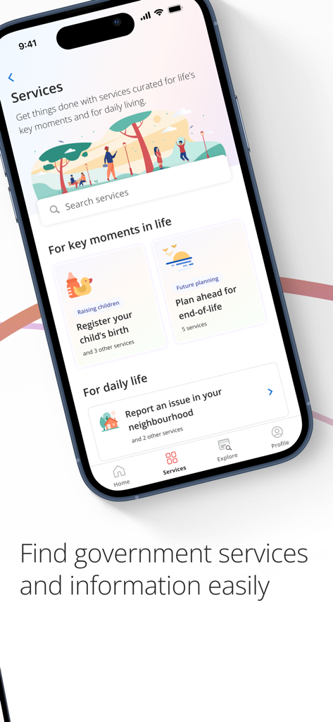LifeSG - Interfaz de la aplicación móvil LifeSG que muestra servicios gubernamentales para registro de nacimiento e informes de problemas vecinales