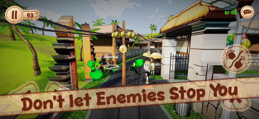 Pepelo 2: Around the World - Personagens navegando em um nível de vila em Bali enquanto evitam inimigos verdes em Pepelo 2.