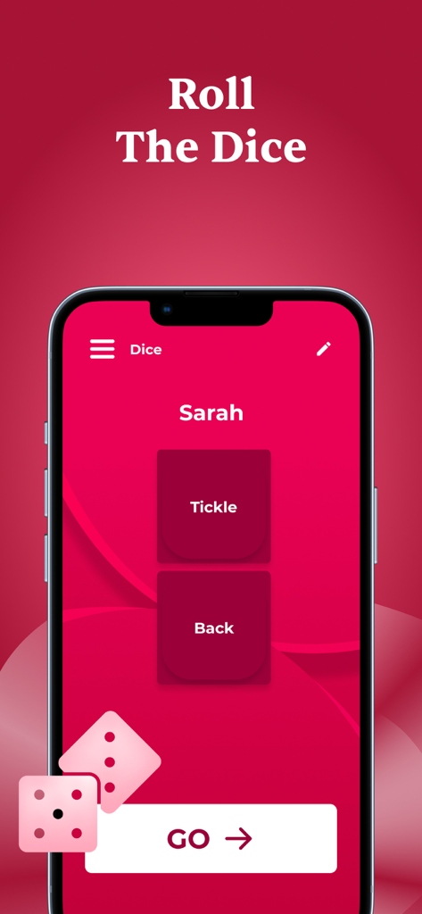 Schermata di un telefono cellulare che mostra la funzione Tira i Dadi dall'app Giochi di Coppia con una sfida giocosa per un partner