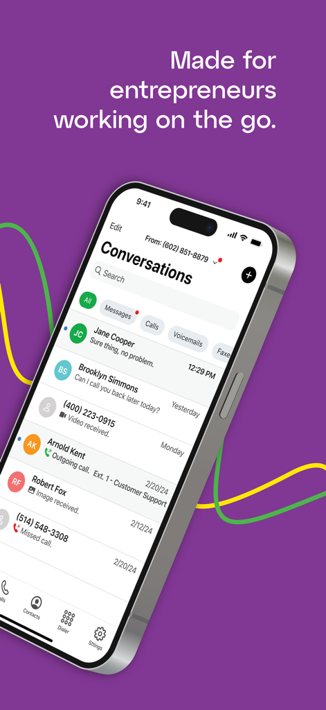 Grasshopper mobile app interface showing a list of business conversations and client messages on a smartphone