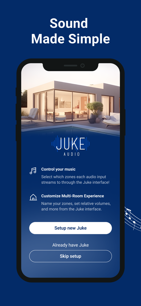 JUKE AUDIO - Juke Audio mobile app setup interface for controlling multi-room architectural home audio systems
