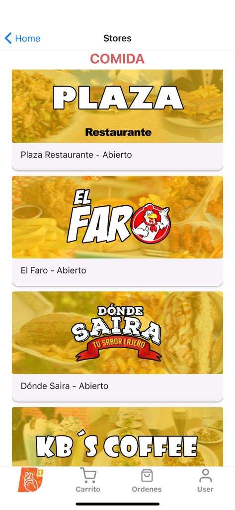 Deuna Go - Interface do aplicativo Deuna Go exibindo uma lista de restaurantes e lojas de comida locais disponíveis para entrega.