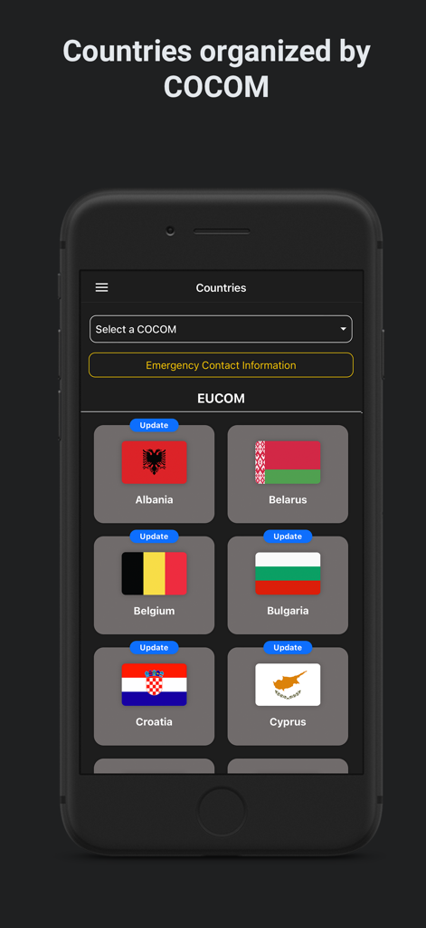 Foreign Culture Guide - App screen showing countries organized by COCOM commands with flags for European nations