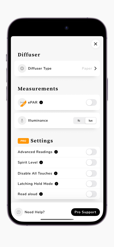 Menu des paramètres de l'application Photone montrant les configurations de mesure pour l'ePAR et l'illuminance ainsi que les fonctionnalités professionnelles.