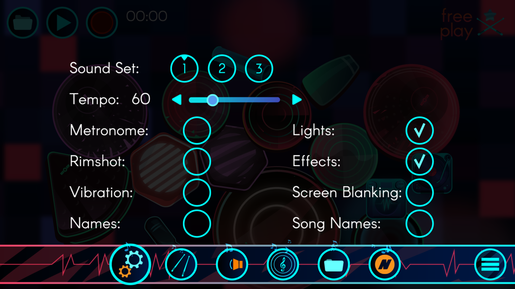 Electronic Drums app settings menu showing tempo and sound options