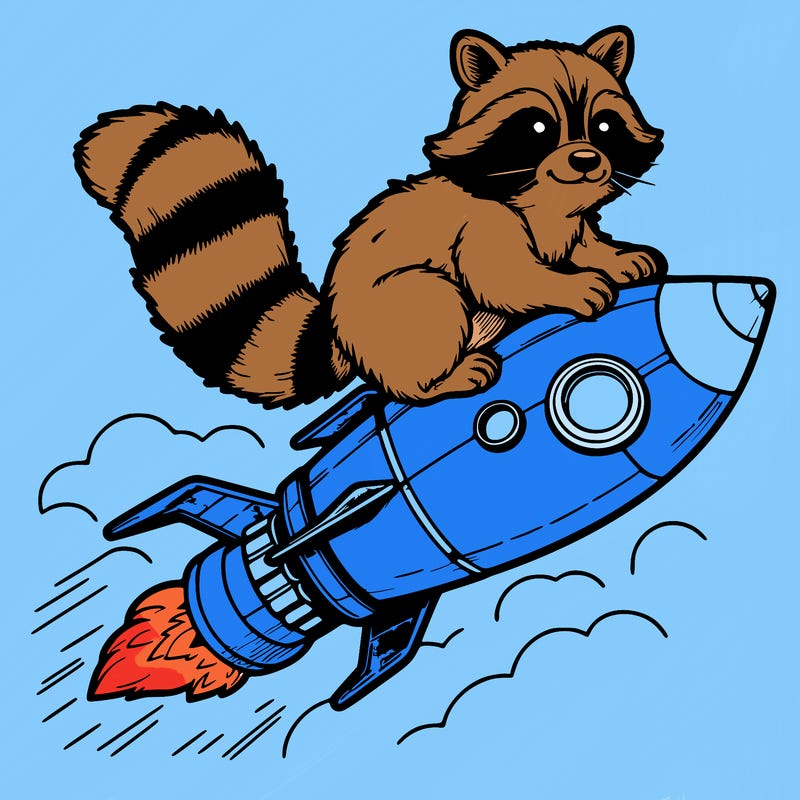 realistic raccoon flying on top rocket ship