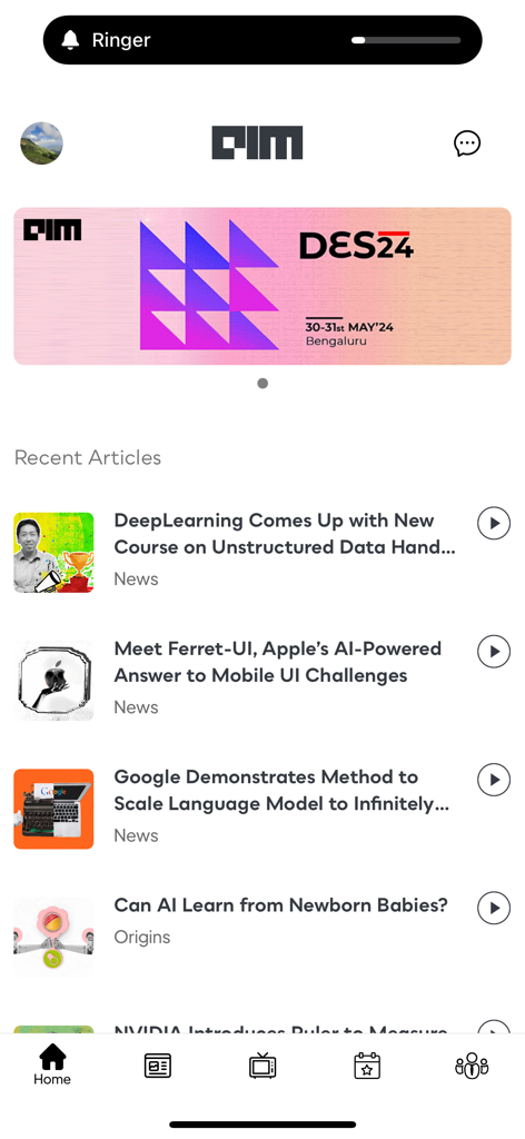 Analytics India Magazine - Tela inicial do aplicativo Analytics India Magazine apresentando artigos recentes sobre IA e machine learning.