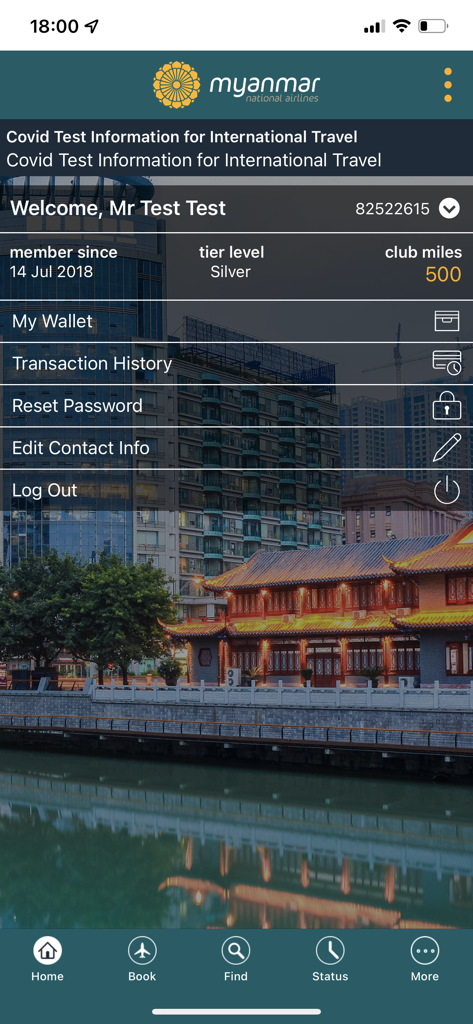 User account screen of the Myanmar National Airlines app showing silver tier membership and club miles