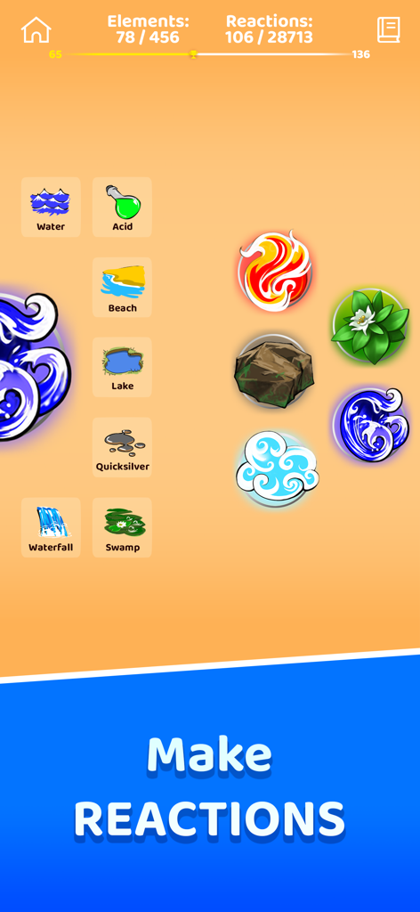 Infinite Craft'er: Alchemy - Interface de jogabilidade de Infinite Crafter Alchemy mostrando combinações de elementos para reações