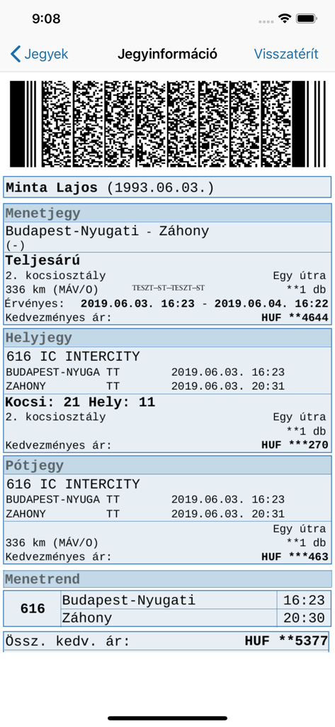 Una pantalla de billete de tren digital en la aplicación MÁV que muestra un código de barras y los detalles del viaje de Budapest a Záhony.