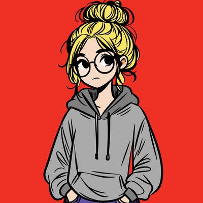 teen girl with a messy bun and glasses wearing a loose hoodie and jeans
