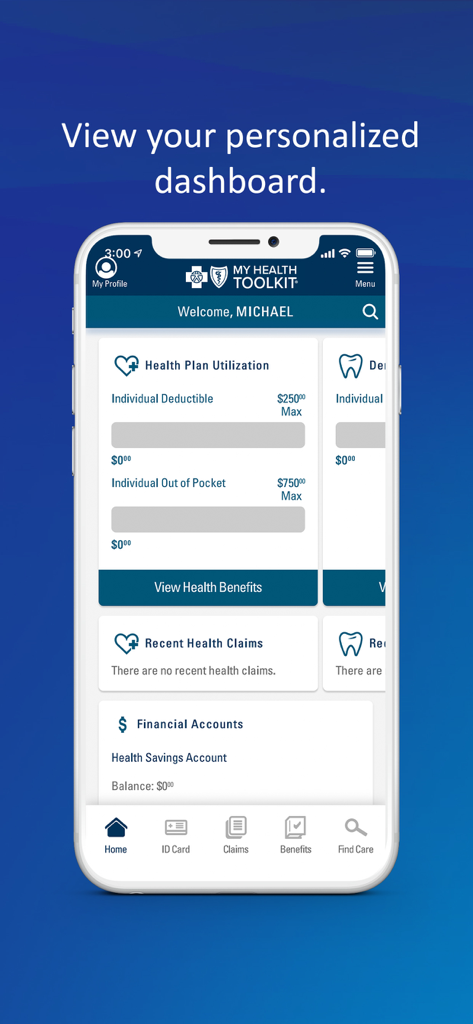 Personalized health plan dashboard showing insurance benefits and account balances on a mobile phone