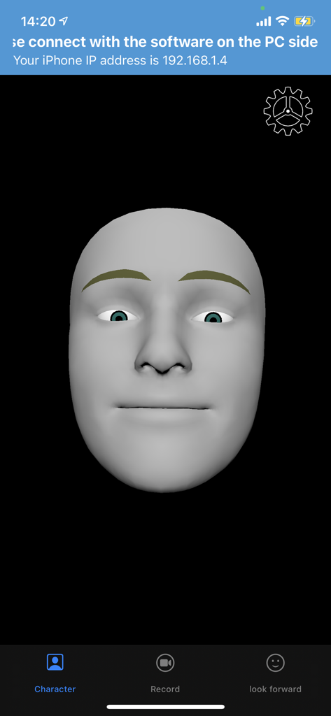 iFacialMocap - Interface of the iFacialMocap app showing a gray 3D face model for real-time motion capture.