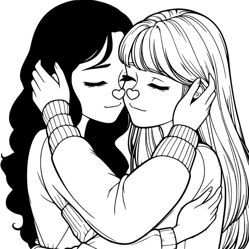 two realistic girls hugging with noses
