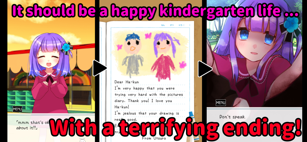 Utsuro’s diary (Full version) - Ein Dreipanelbild, das den Übergang von einem fröhlichen Anime-Mädchen und einem unschuldigen Tagebucheintrag zu einer dunklen und erschreckenden psychologischen Horrorszene zeigt.