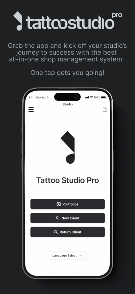 Tattoo Studio Pro - Tattoo Studio Pro mobile app interface on iPhone featuring portfolio and client management buttons