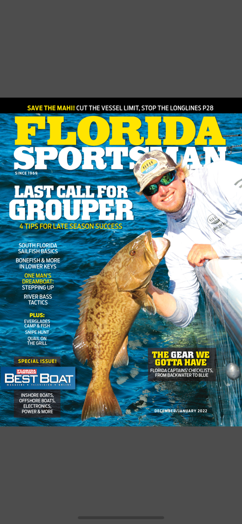 Florida Sportsman Magazine - Florida Sportsman Magazine cover featuring a smiling fisherman holding a large grouper with fishing tips and gear guides.