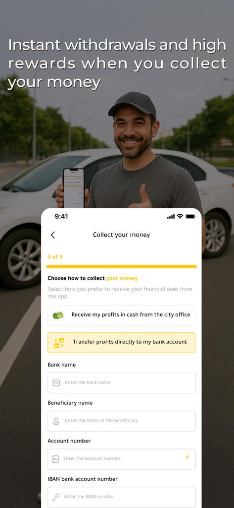 Jad Driver App Benutzeroberfläche mit Optionen für Banküberweisung und Barauszahlung von Fahrereinnahmen