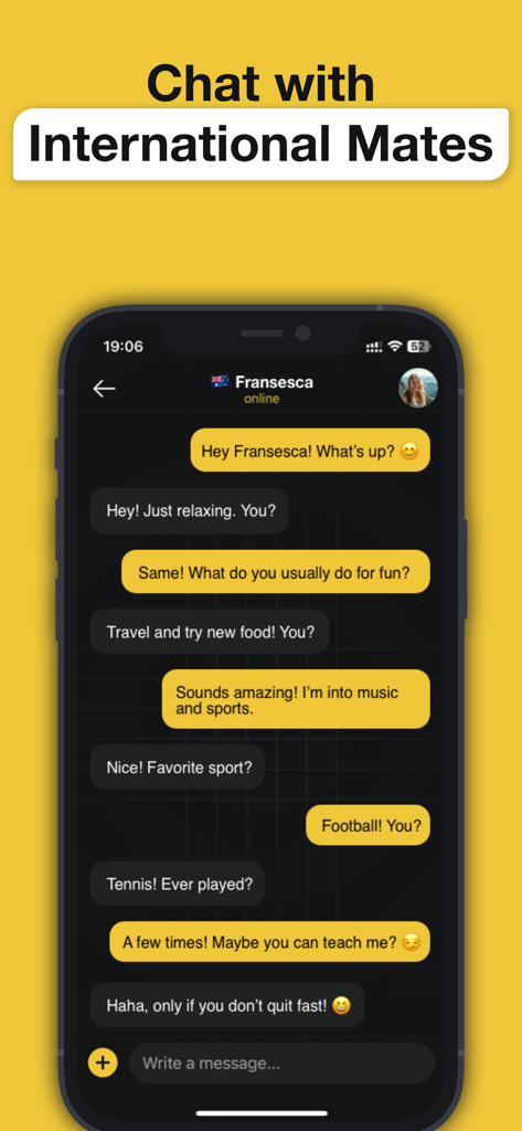 Interracial Dating – 4Meet - A mobile app screen showing a chat conversation with an international user on the 4Meet platform