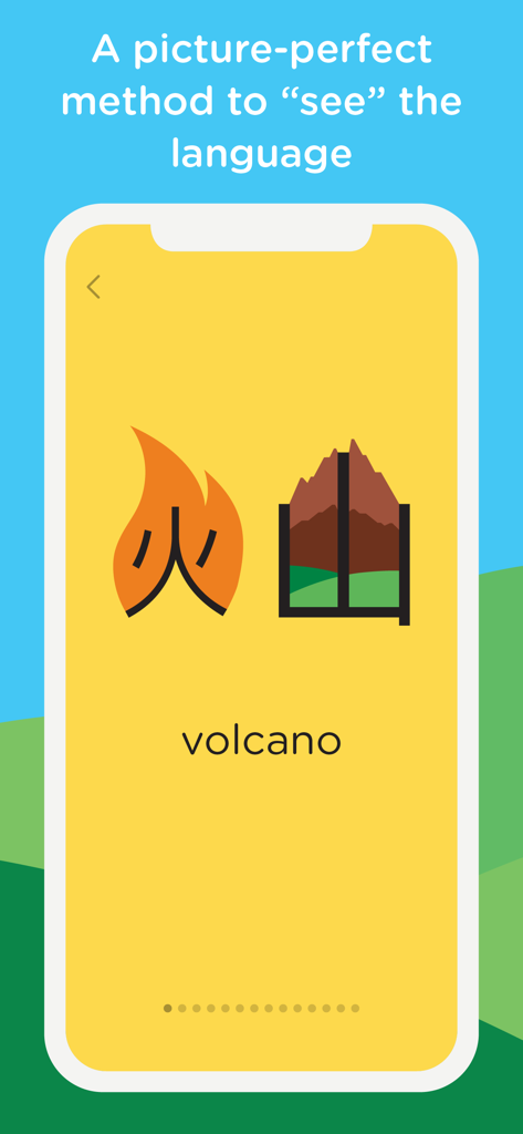 Interfaccia dell'app Chineasy che dimostra le mnemotecniche visive per la parola vulcano