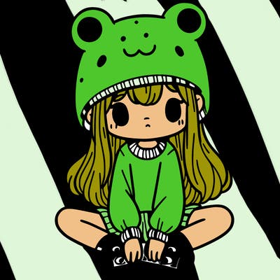 a girl wearing a frog hat and some frog socks