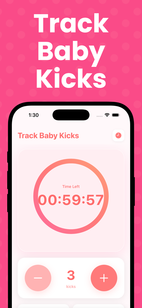 Pregnancy Tracker: LovelyBeats - Screenshot of the baby kick counter interface in the LovelyBeats pregnancy tracker app showing a timer and kick count