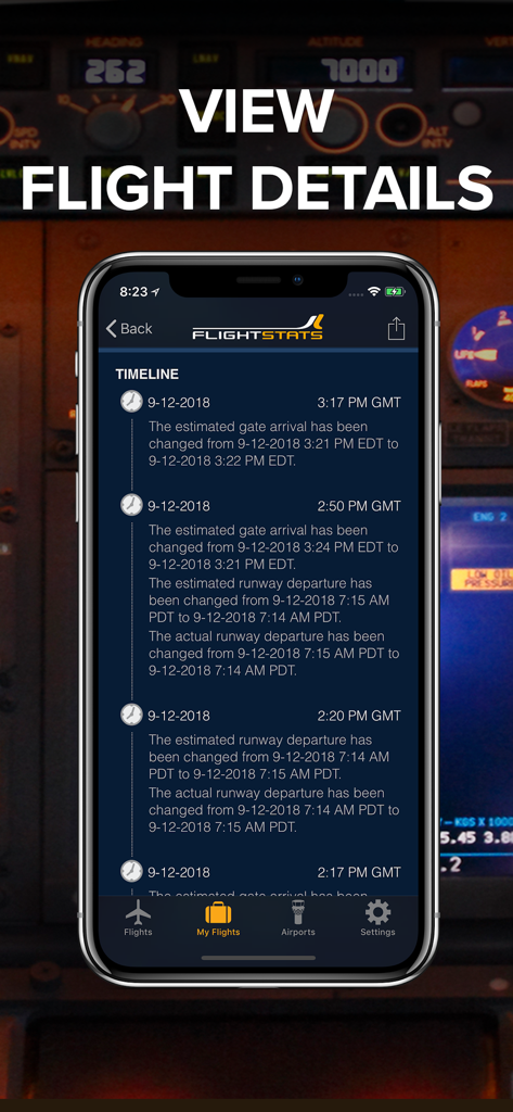 A mobile screen showing the FlightStats timeline feature with detailed chronological updates on gate arrivals and runway departures