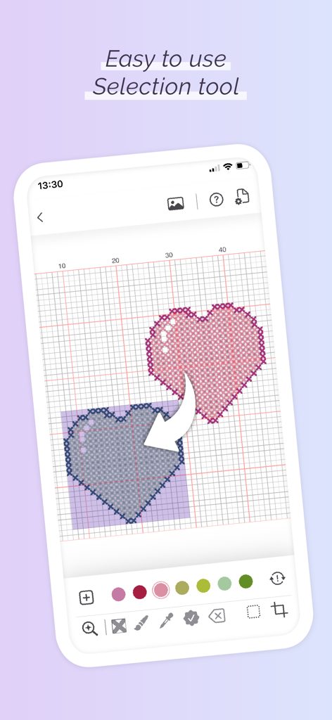 A mobile interface of the Cross Stitch Pattern Maker app demonstrating the easy to use selection tool with heart designs on a grid
