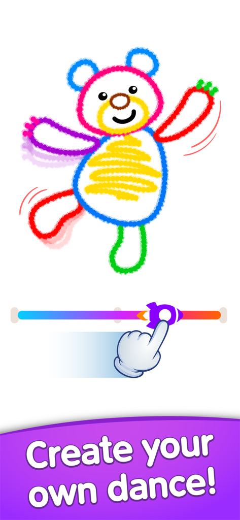 Un dibujo colorido de un oso bailando con un control deslizante de velocidad interactivo