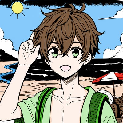 anime boy at the beach