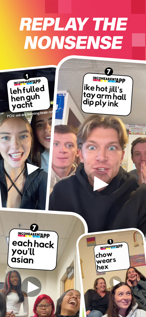 Un collage estilo redes sociales de amigos riendo y viendo repeticiones de video de sus suposiciones de gibberish en la app Incohearent
