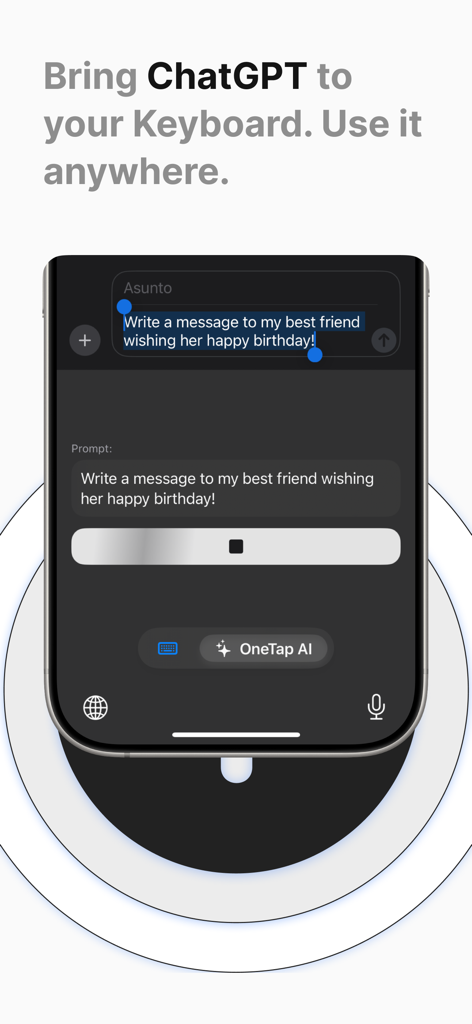 OneTap mobile Tastaturoberfläche, die ChatGPT KI-Integration zum Entwerfen einer Textnachricht zeigt