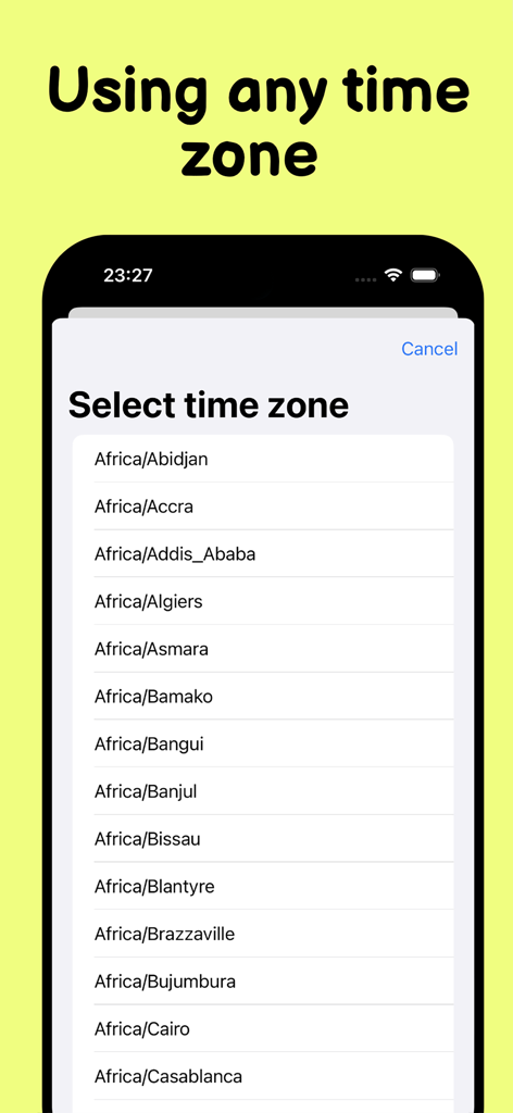 Screenshot of the CUTE app showing a scrollable list of global time zones for selection
