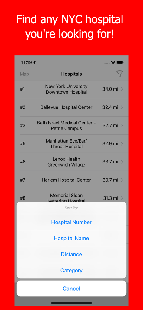 Mobile MDT - NYFD - List of NYC hospitals and sorting options in the Mobile MDT app