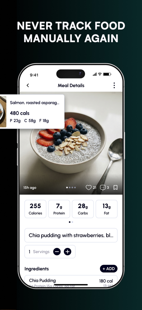 Synopsis: AI Calorie Tracker - Smartphone screen showing Synopsis AI calorie tracker app with meal details and nutrition facts for a chia pudding bowl