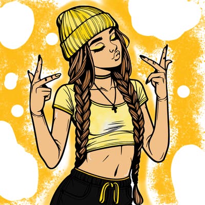 realistic teenage girl with braids and a beanie and crop top doing 🫶🏼