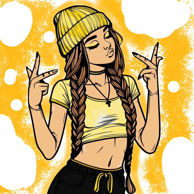 realistic teenage girl with braids and a beanie and crop top doing 🫶🏼