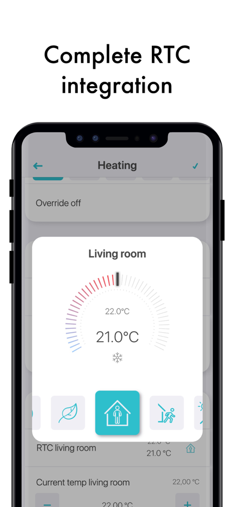 xxter - Interface do aplicativo xxter mostrando as configurações de controle de temperatura e aquecimento da sala de estar