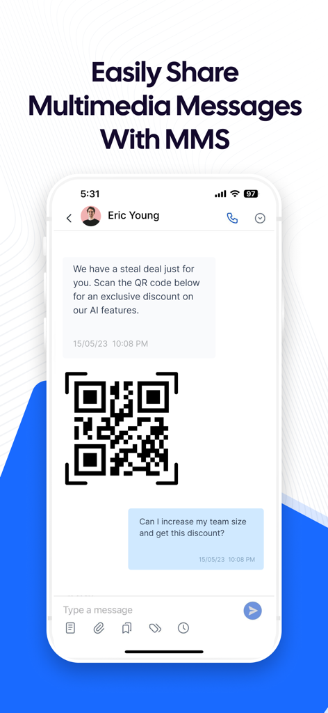 JustCall app interface showing business MMS messaging with a QR code for a discount
