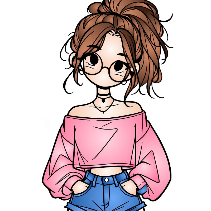 girl with a messy ponytail glasses a baggy crop top and jean shorts