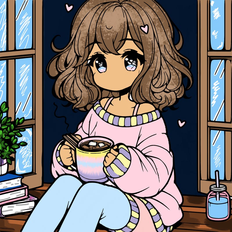 cute anime girl reading book and drinking hot chocolate from mug with loose wavy hair wearing a baggy sweatshirt and shorts sitting by windowsill looking out
