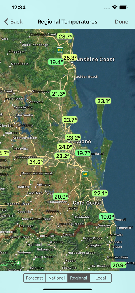 Oz Weather Plus app showing a regional temperature map for the Brisbane and Gold Coast area in Australia.