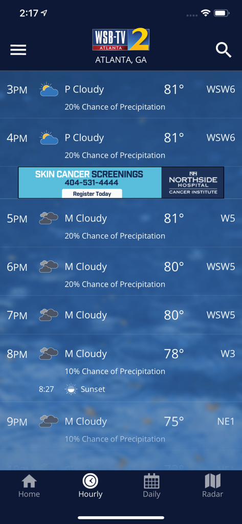 Severe Weather Team 2 앱의 Georgia Atlanta 시간별 날씨 예보
