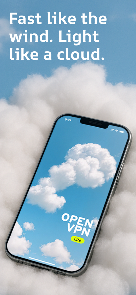 iPhone mostrando o aplicativo VPN Lite com um fundo de nuvem e céu azul enfatizando velocidade e leveza
